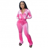 Pink Long Sleeve Zipper V-Neck Velvet Women Hoody Dress