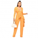 Yellow Long Sleeve Deep V-Neck Fashion One-Peices Jumpsuit