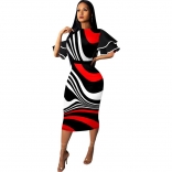 Red Short Foral Sleeve Printed Women Midi Dress