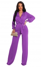 Purple Long Sleeve V-Neck Fashion Women OL Jumpsuit