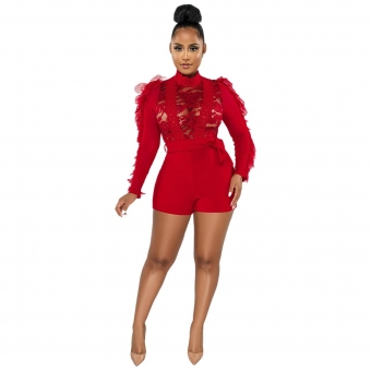 Red Long Sleeve Lace Hollow-out Sexy Women Club Rompers