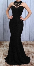Black Off-Shoulder Sleeveless V-Neck Lace Women Evening Dress