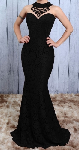 Black Off-Shoulder Sleeveless V-Neck Lace Women Evening Dress