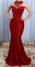 Red Off-Shoulder Sleeveless V-Neck Lace Women Evening Dress