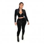 Black Long Sleeve Velvet Zipper Sexy Bodycons 2PCS Women Jumpsuit