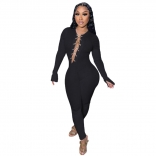 Black Long Sleeve Steel Chains Sexy Club Jumpsuit
