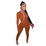 Coffe Long Sleeve Steel Chains Sexy Club Jumpsuit