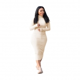 Khaki Long Sleeve Cotton Women Fashion Midi Dress