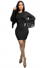 Black Long Sleeve Tassels Fashion Sexy Women Bodycon Dress