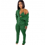 Green Long Sleeve Sexy Bra Cotton Women 3PCS Catsuit Dress