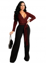 Red Long Sleeve Low-Cut V-Neck Silk Women Sexy Jumpsuit