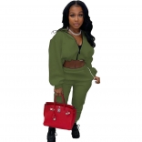 Green Long Sleeve Zipper V-Neck 2PCS Women Fashion Sport Dress