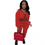 Red Long Sleeve Zipper V-Neck 2PCS Women Fashion Sport Dress