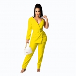 Yellow One Sleeve Low-Cut V-Neck Chains Halter Sexy Catsuit Dress