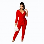 Red One Sleeve Low-Cut V-Neck Chains Halter Sexy Catsuit Dress