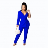 Blue One Sleeve Low-Cut V-Neck Chains Halter Sexy Catsuit Dress