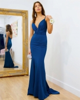 Blue Sleeveless Halter Deep V-Neck Fashion Party Women Jersey Dress