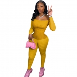 Yellow Long Sleeve Off-Shoulder Cotton Women Sexy Jumpsuit