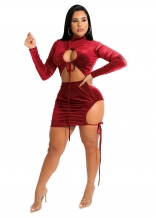 Red Long Sleeve Hollow-out Velvet Sexy Mini Clubwear