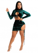 Green Long Sleeve Hollow-out Velvet Sexy Mini Clubwear
