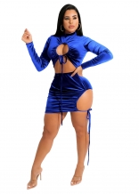 Blue Long Sleeve Hollow-out Velvet Sexy Mini Clubwear