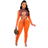 Orange Long Sleeve Hollow-out Bandage Sexy Jumpsuit