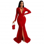 Red Long Sleeve Deep V-Neck Bodycons Sexy Slit Maxi Dress