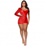 Red One SLeeve Low-Cut V-Neck Sequins Sexy Rompers
