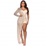 Beige One Sleeve Sequins V-Neck Sexy Bodycons Romper Dress
