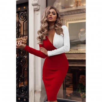 Red Long Sleeve Deep V-Neck Pleated Wrapped Midi Dress
