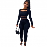 Black Long Sleeve Mesh Hollow-out Bodycons Sexy Jumpsuit