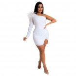 White One- Sleeve Bodycons Ladies Sequins Mini Dress