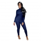 Blue Long Sleeve O-Neck Cotton Bodycons Sexy Jumpsuit