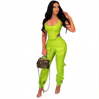 Green Sleeveless Halter Low-Cut PU Leather Fashion Jumpsuit