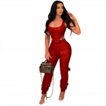 Red Sleeveless Halter Low-Cut PU Leather Fashion Jumpsuit