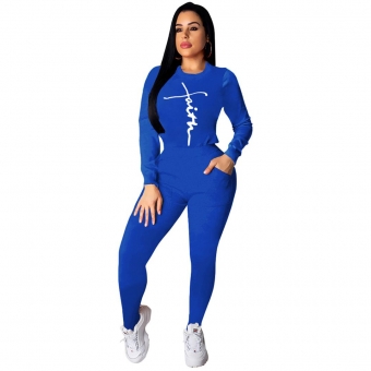 Blue Long Sleeve O-Neck Printed Women Sports Dress