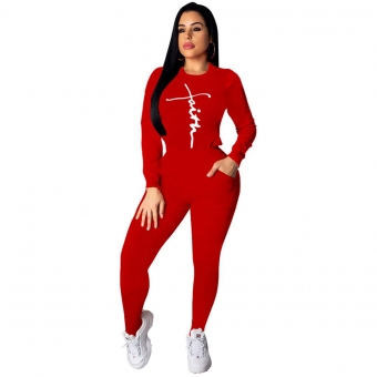Red Long Sleeve O-Neck Printed Women Sports Dress