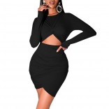 Black Long Sleeve Hollow-out O-Neck Bodycons Ladies Mini Dress