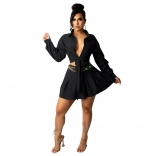 Black Long Sleeve Button V-Neck Women Fashion OL Skirt Dress