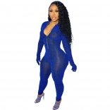 Blue Long Sleeve Zipper Hollow-out Sexy Ladies Jumpsuit
