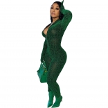 Green Long Sleeve Zipper Hollow-out Sexy Ladies Jumpsuit
