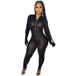 Black Long Sleeve Zipper Hollow-out Sexy Ladies Jumpsuit