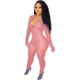 Pink Long Sleeve Zipper Hollow-out Sexy Ladies Jumpsuit