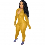 Yellow Long Sleeve Zipper Hollow-out Sexy Ladies Jumpsuit