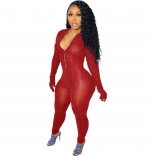 Red Long Sleeve Zipper Hollow-out Sexy Ladies Jumpsuit
