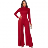 Red Long Sleeve O-Neck Bodycons Slit Women Fashion Jumpsuit