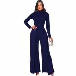 Blue Long Sleeve O-Neck Bodycons Slit Women Fashion Jumpsuit