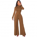 Brown Long Sleeve O-Neck Bodycons Slit Women Fashion Jumpsuit