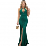 Green Halter Sleeveless V-Neck Bodycons Fashion Ladies Jersey Dress