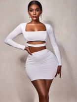 White Long Sleeve Boat-Neck 2PCS Women Bodycon Mini Dress